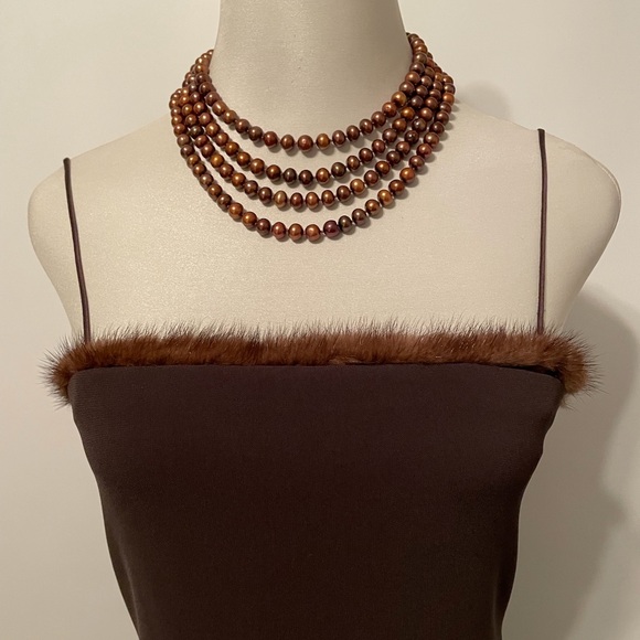 Tahari Striking Mink trimmed Spaghetti Strap Dress - Picture 4 of 13